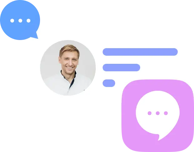 Dentista sonriente en La Clinica Dental Lindavista CDMX, con burbujas de di&aacute;logo representando consultas y atenci&oacute;n al paciente.