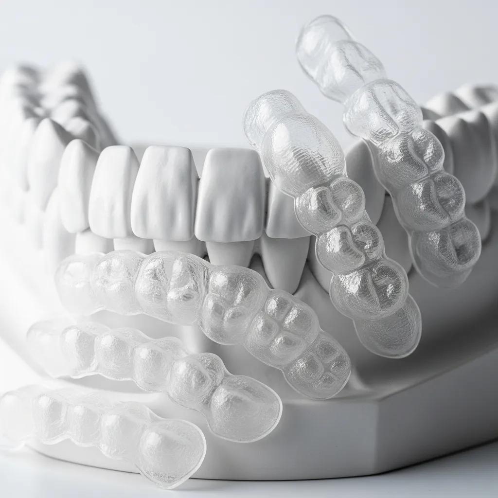 Clear aligners displayed on a dental model, highlighting their transparency and fit