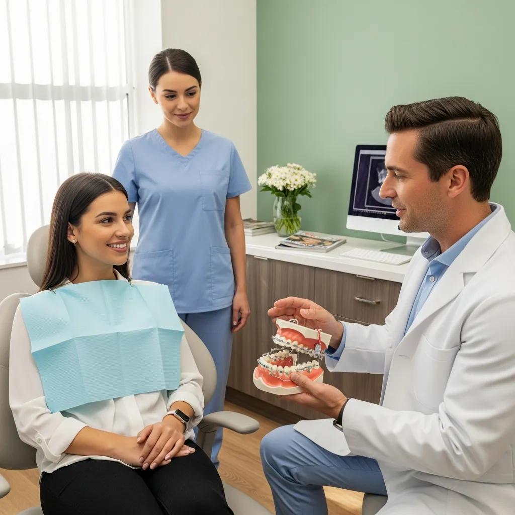 Paciente sonriente en consulta de ortodoncia en La Clínica Dental Lindavista, con dentista explicando tratamiento con modelo dental y asistente presente.