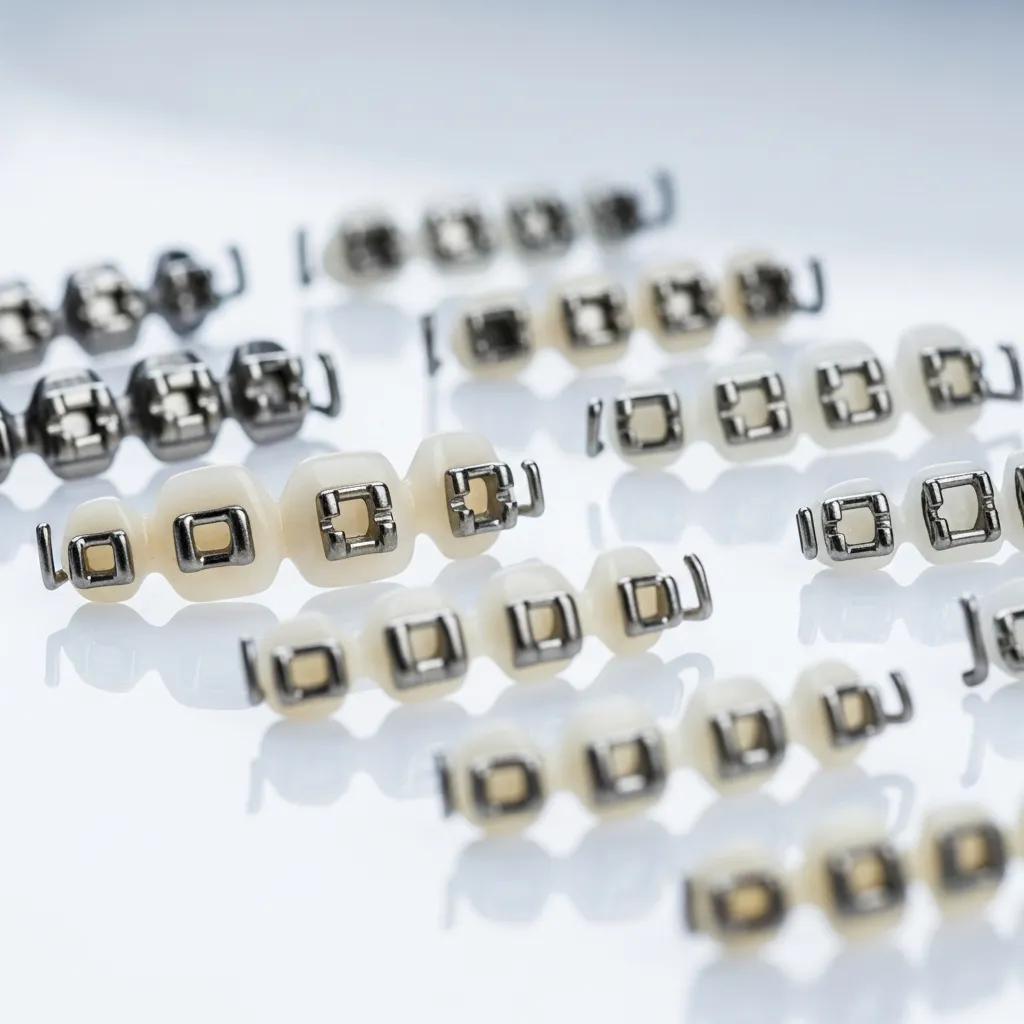 Different types of dental brackets including metallic, ceramic, and self-ligating options